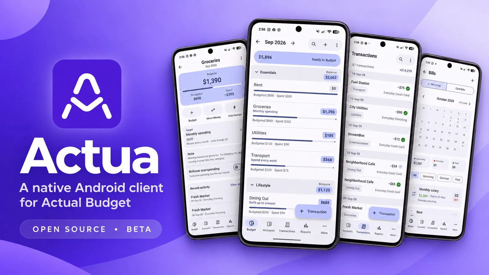 Actua for Android showing the budget, category, transaction and bills screens